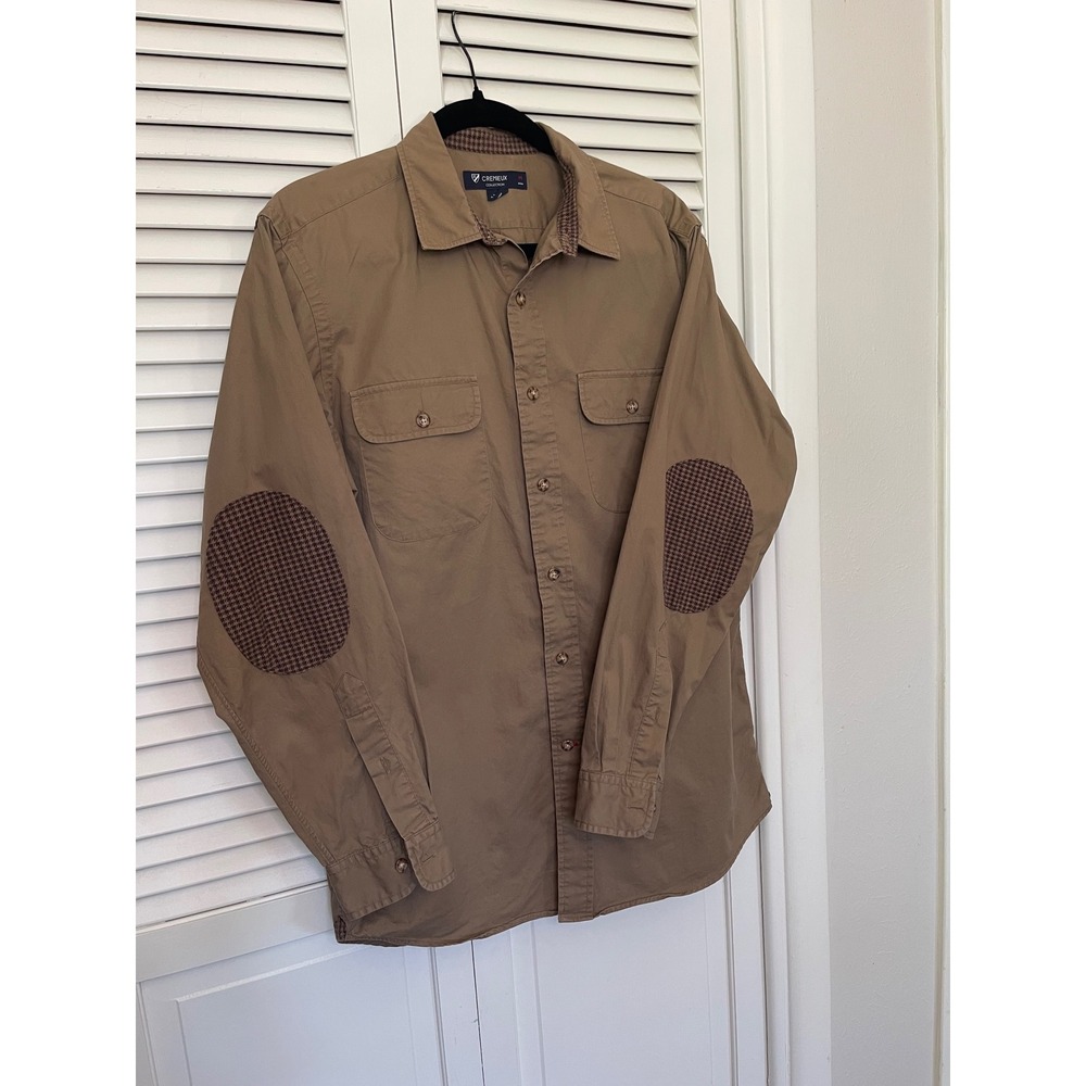 Cremieux Collection Men's Size M Shirt Khaki Button Up Houndstooth Elbow Patches